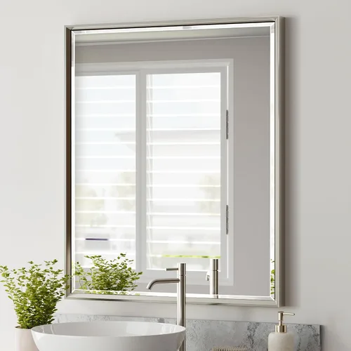 Vista 24 de Espejo de baño negro, espejo de baño biselado de 16 x 24 pulgadas para pared, espejo con marco negro antioxidante para decoración de baño, sala