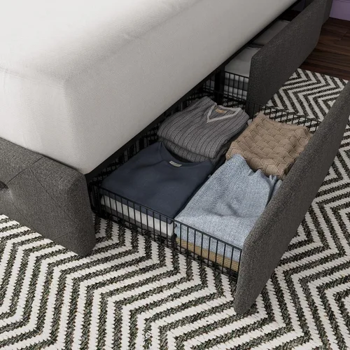 Vista 5 de HOOMIC Base de cama de plataforma tapizada completa con 4 cajones de almacenamiento y cabecera con respaldo de ala, diseño capitoné, fácil montaje