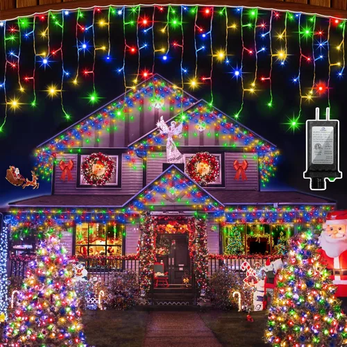 Vista 18 de 612 luces LED de Navidad de 60 pies con 136 gotas, 12 modos regulables, luces colgantes blancas frías al aire libre con memoria de temporizador