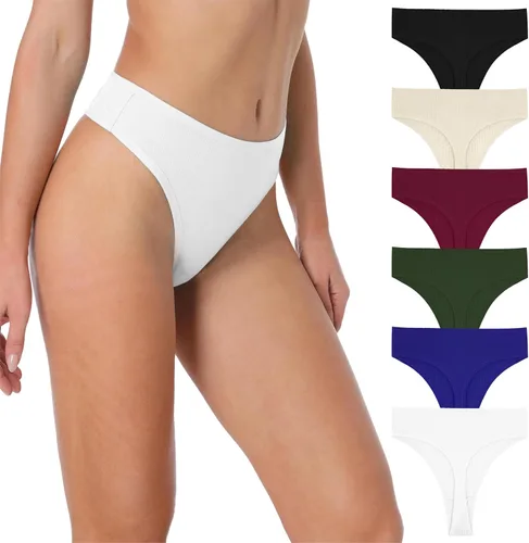 Vista 11 de Tanga de algodón acanalado transpirable sin costuras de cintura alta para mujer, ropa interior de talla grande 2 negro/2 verde/2 vino tinto