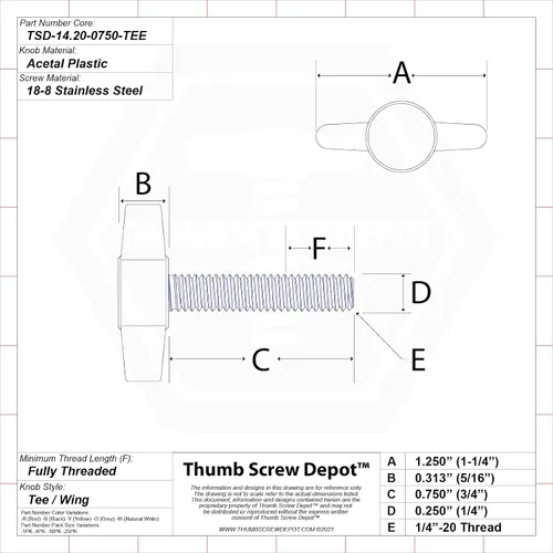Vista 2 de Tornillo de pulgar de acero inoxidable de 1/4"-20 x 3/4" - Perilla de plástico de ala en T negra - Tornillo de rosca estándar/gruesa - Longitud