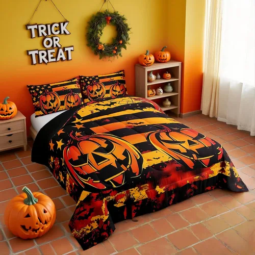 Vista 19 de Feelyou Juego de edredón de calabaza para todas las estaciones, decoración de Halloween, juego de ropa de cama con 1 funda de almohada, microfibra