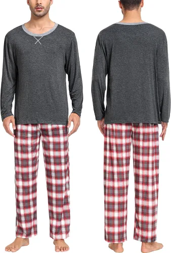 Vista 4 de SWOMOG Conjunto de pijama a juego para hombres, mujeres y niños, para familia, parejas, ropa de dormir de manga larga, pantalones a rayas a cuadros