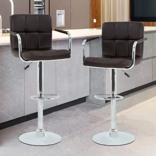 Vista 7 de Juego de 2 taburetes de bar con reposabrazos, taburetes de bar giratorios de altura ajustable con respaldo de piel sintética, silla de comedor alta