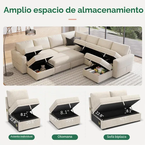 Vista 5 de HONBAY Sofá seccional modular con cama extraíble, sofá cama con forma de U extraíble con secciones de almacenamiento para sala de estar - Beige