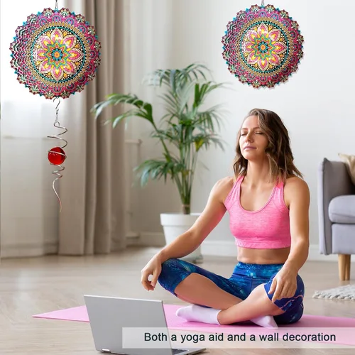 Vista 6 de Mandala Blossom Wind Spinner - Molinillos de Viento de Metal Escultura de Viento Colgante Cinética 3D de 12 pulgadas Cortada con Láser