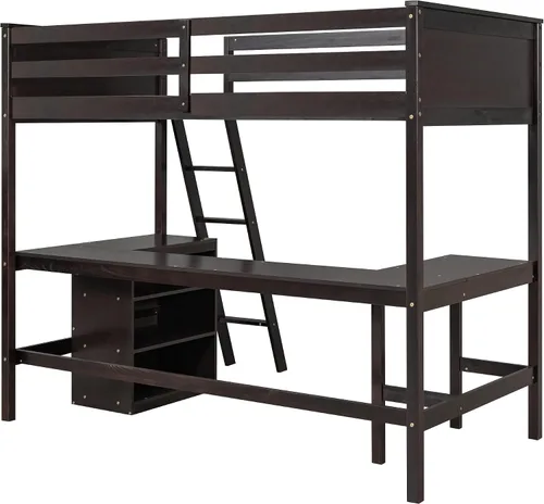 Vista 5 de Harper & Bright Designs Cama tipo loft individual con escritorio y 3 estantes, marco de cama tipo loft de madera maciza con escalera en ángulo