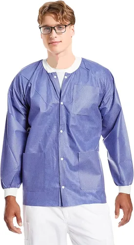 Vista 32 de Paquete de 10 chaquetas desechables de laboratorio, chaqueta médica reutilizable hasta la cadera, unisex, con puños de punto y bolsillos
