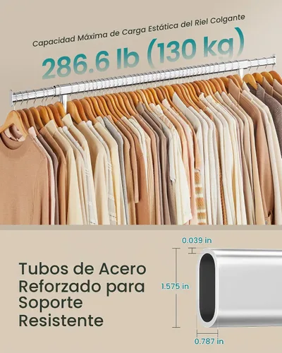 Vista 3 de SONGMICS Perchero con ruedas, perchero resistente con barra extensible para colgar, capacidad de carga de 286.6 libras, 17.7 x (43.3-59.1) x 64.1