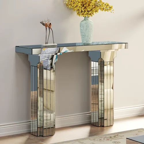 Vista 14 de Mesa de consola con espejo de 48 pulgadas, mesa de entrada moderna de plata glamorosa con borde tallado negro vintage con espejo de vidrio para sala