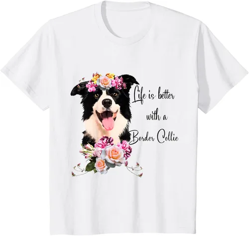 Vista 32 de Life is Better With a Border Collie - Camiseta de perro lindo con flores, gris, S Gris Oscuro