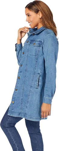 Vista 4 de Jessica London Chaqueta de mezclilla larga para mujer, talla grande, longitud tipo túnica