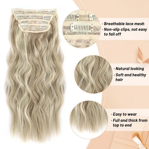 Vista 3 de 4 piezas de extensiones de cabello rizado con clip, color dorado oscuro, mezcla de rubio beige, sintético de 20 pulgadas de largo, extensiones