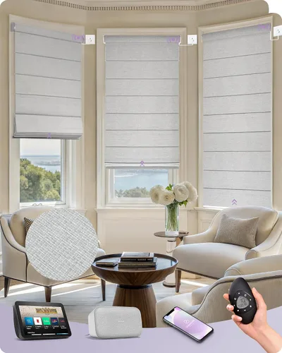 Vista 23 de Graywind Persianas romanas inteligentes compatibles con Alexa Google, persianas motorizadas recargables con control remoto de filtrado de luz