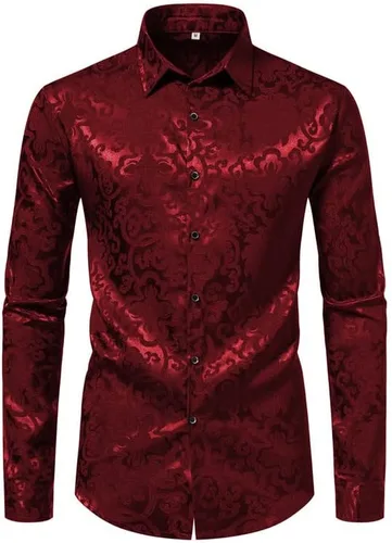 Vista 2 de Camisa de seda satinada para hombre, camisa de vestir de cachemira, ajustada, camisa de jacquard floral para fiesta, graduación, boda, camisas