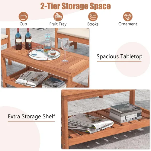 Vista 5 de Tangkula Mesa de centro de madera para exteriores, mesa de centro de patio de 2 niveles con mesa de madera dura de listones y estante