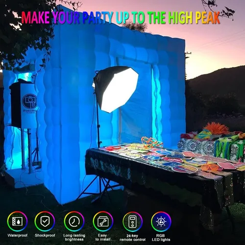 Vista 3 de Cabina de fotos inflable, 8.2 x 8.2 pies, portátil, 16 colores, LED, regulable, kit de tienda de campaña con 2 puertas y soplador de aire