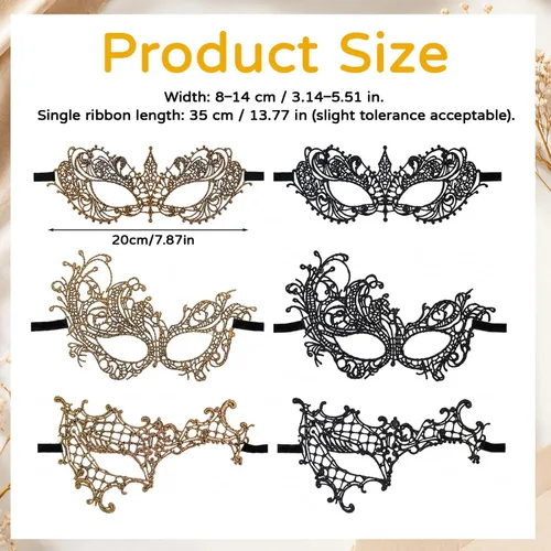Vista 3 de 6 Pcs Lace Masquerade Mask for Women Men, Black Gold Half Face Mask