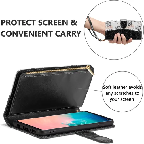 Vista 4 de UEEBAI Funda tipo cartera para Samsung Galaxy S10 Plus, Cartera de piel sintética con cierre magnético, funda de bolsillo con cremallera, ranuras