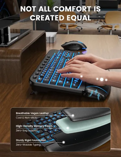 Vista 3 de SABLUTE Combo de teclado y mouse inalámbrico ergonómico, MA12Pro Wave teclado con reposamuñecas de cuero para escribir cómodamente, retroiluminación