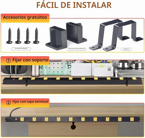 Vista 5 de Regleta larga de 10 tomas con protector contra sobretensiones, regleta de alimentación de metal industrial resistente de 6 pies, montable en pared
