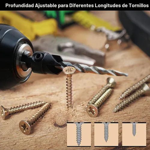 Vista 5 de Juego de Brocas Avellanadas GMTOOLS, 3 Piezas de Brocas Cónicas M2 HSS, con Vástago Hexagonal de 1/4" de Cambio Rápido y Llave Allen, Juego