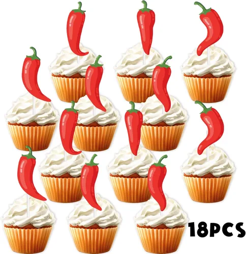 Vista 2 de Decoración tradicional para cupcakes de chile con purpurina roja, 18 piezas, decoración temática de comida mexicana, suministros de decoración