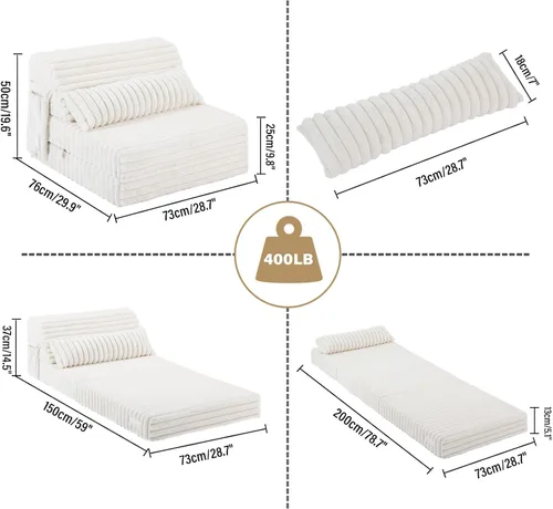 Vista 2 de Tiita Sofá Cama Plegable - Silla Reclinable Convertible de 4 Pliegues con Funda de Pana y Almohada Rectangular, Colchón de Sofá de Suelo para beige