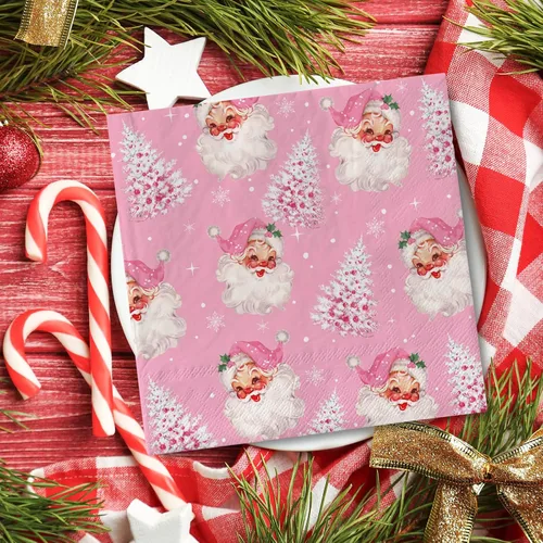 Vista 4 de Paquete de 80 servilletas desechables de Navidad de Papá Noel y árbol de Navidad, servilletas desechables de papel de Navidad para Navidad Santa Rosa