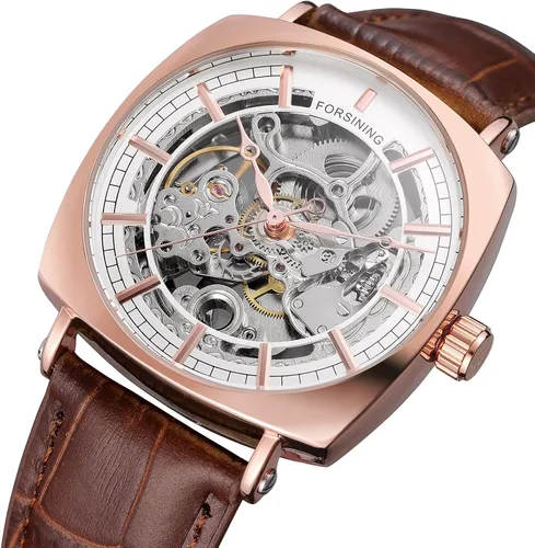 Vista 2 de FORSINING Reloj cuadrado de esqueleto automático automático de calidad para hombre con correa de cuero genuino, Automático