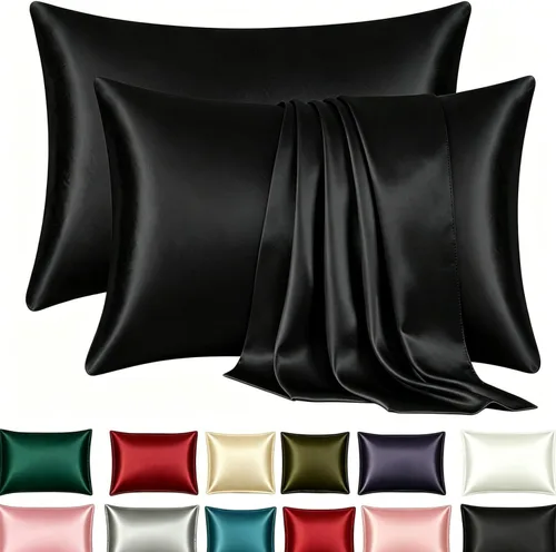 Vista 17 de Juego de 2 fundas de almohada de seda satinada de lujo para cabello y piel, fundas de almohada de satén con cierre de cremallera (estándar