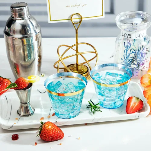 Vista 6 de LUODA 150 vasos de plástico azul, vasos desechables transparentes de 9 onzas con borde dorado, vasos de plástico con borde dorado, vasos de plástico
