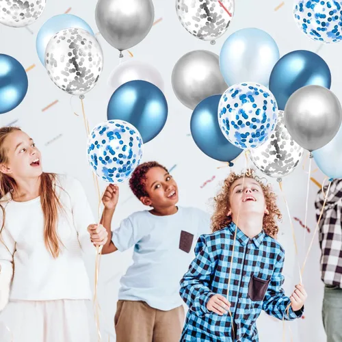 Vista 6 de 60 globos de confeti azul plateado y blanco de 12 pulgadas, globos de color blanco azul claro, globos plateados metálicos, globos de confeti