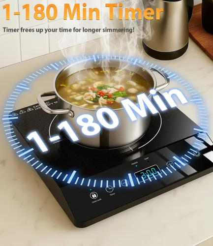 Vista 6 de Placa de inducción de quemador único, cocina de inducción portátil certificada ETL de 1800 W, bobina de calentamiento grande de 8 pulgadas, 12