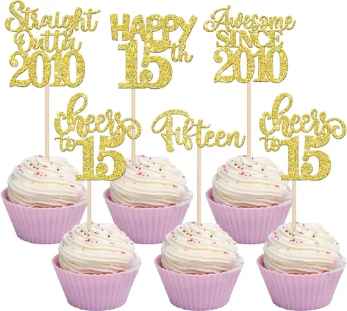 Vista 15 de Paquete de 30 adornos para cupcakes de 10º cumpleaños con purpurina recta hacia fuera de 2016, Happy 10th Ten Awesome Since 2016, 10 fabulosas Negro