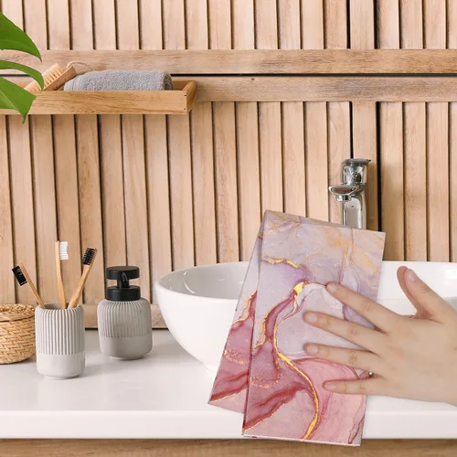 Vista 7 de AnyDesign Paquete de 100 servilletas desechables de mármol para invitados, servilletas de papel elegantes color rosa dorado marmoleado para cena
