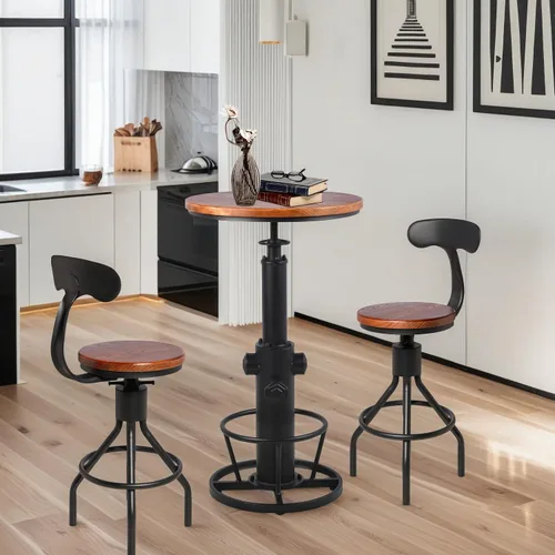 Vista 7 de Juego de 2 taburetes de bar industriales con respaldo de 23 a 33 pulgadas, asiento giratorio de madera, isla de cocina, comedor, taburete