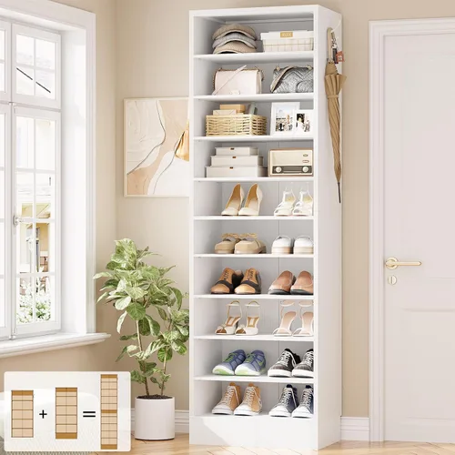 Vista 11 de Aheaplus Armario alto para zapatos, zapatero estrecho de madera de 10 niveles, organizador de almacenamiento de zapatos con almacenamiento abierto
