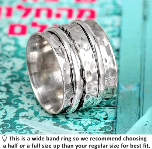 Vista 2 de Boho-Magic Anillo giratorio de plata de ley 925 para mujer, martillado ancho anillo para ansiedad, Metal