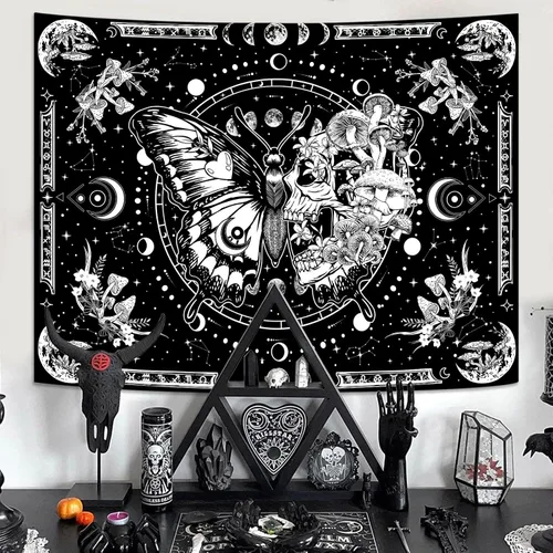 Vista 5 de Fungarth Tapiz de Esqueleto y Mariposa Blanco y Negro Calavera Hongos Plantas Tapices Hippie Estético Tapiz Colgante de Pared para Dormitorio Sala