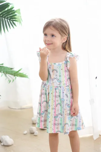 Vista 6 de Popshion Vestidos de niña con mangas con vuelo, vestido de verano para niños, fiesta de cumpleaños, sin mangas, vestido de 1 a 8 años