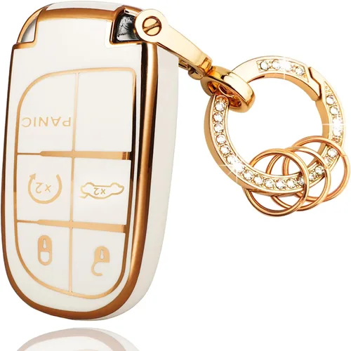 Vista 7 de OLLEN Funda para llavero de TPU con anillo brillante, apta para Jeep Grand Cherokee Renegade Compass Chrysler Dodge RAM Durango Challenger Journey