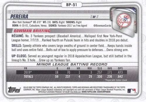 Vista 2 de Bowman Prospects #BP-51 Everson Pereira New York Yankees RC Rookie MLB Béisbol 2020