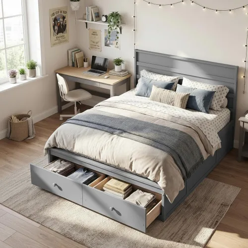 Vista 11 de KOMFOTT Cama individual con 2 cajones, cama de almacenamiento individual con soporte de listones sólidos, cabecera y estribo, marco de cama de Gris