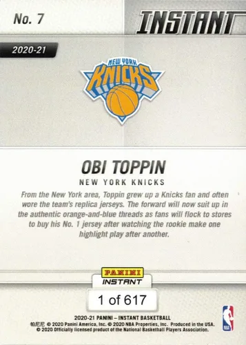 Vista 2 de 2020-21 Panini Instant Basketball #7 Obi Toppin Rookie Card Knicks - Only 617 made