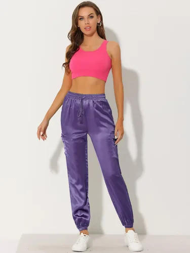 Vista 3 de Allegra K Pantalones deportivos de satén con cordón elástico de cintura alta y satén sedoso para mujer