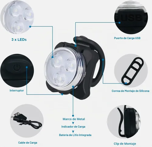 Vista 2 de Juego de luces para bicicleta recargables USB, faro delantero LED y luz trasera, luz de bicicleta impermeable, 4 modos, silicona y plástico, LED