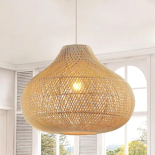 Vista 16 de Luces Colgantes Bohemias, Candelabro de Ratán de 1 Luz de 15.7", Luz Colgante de Mimbre Tejida a Mano con Pantalla de Jacinto de Agua, Luz Colgante
