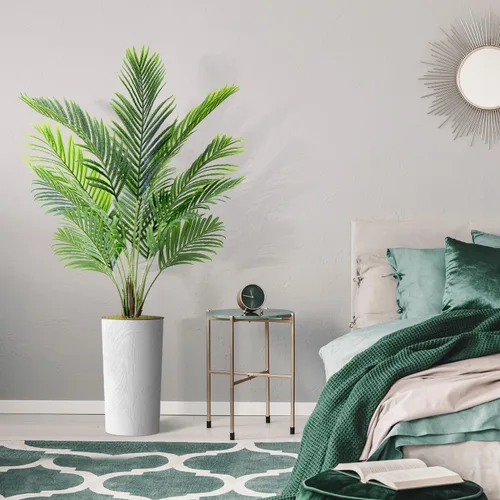Vista 5 de Árbol artificial en macetero con efecto de mármol blanco, palmera tropical areca artificial de seda para decoración del hogar en interiores