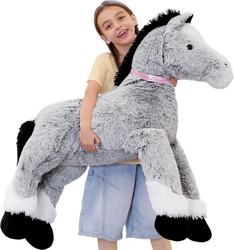 Vista 17 de Tezituor Animales de peluche gigantes de caballo negro de 47 pulgadas, poni de peluche grande realista de 4 pies para niños y niñas, almohada